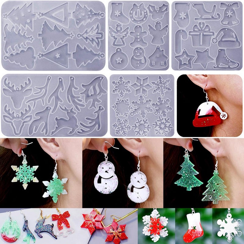 ZQYSING (5 Pack) Resin Earring Molds, Resin Jewelry Molds Christmas Silicone Pendant Molds Various Shapes Christmas Tree Snowflake Snowman Elk for DIY Earring Pendant Keychain Ornament Gift - Image 1